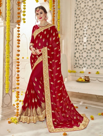 Red Faux  Georgette  Embroidered  Traditional  Saree 5905